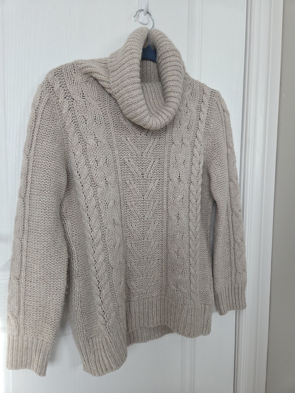 Cable Knit Turtleneck Sweater in Beige With Silver Thread